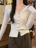Knitted Crop Cardigan: V-Neck Long Sleeve Sweater - White