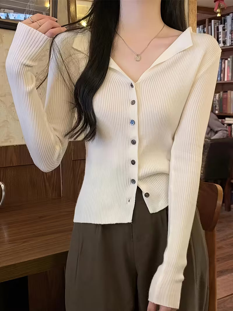 Knitted Crop Cardigan: V-Neck Long Sleeve Sweater - White