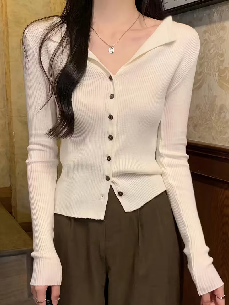 Knitted Crop Cardigan: V-Neck Long Sleeve Sweater - White