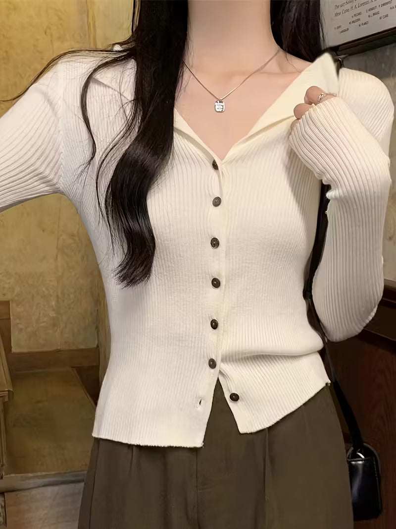 Knitted Crop Cardigan: V-Neck Long Sleeve Sweater - White