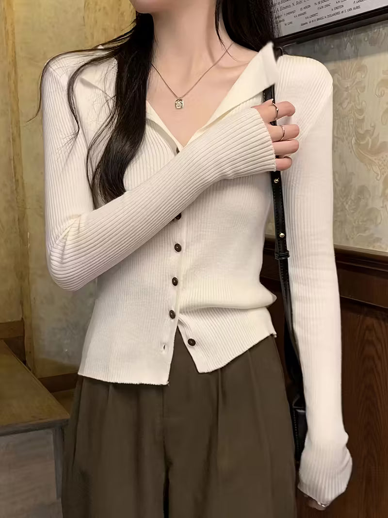 Knitted Crop Cardigan: V-Neck Long Sleeve Sweater - White